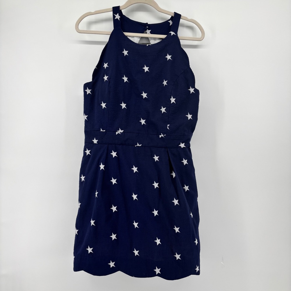 Lauren James Navy Blue Seersucker Star Embroidered Scalloped Mini Dress Halter